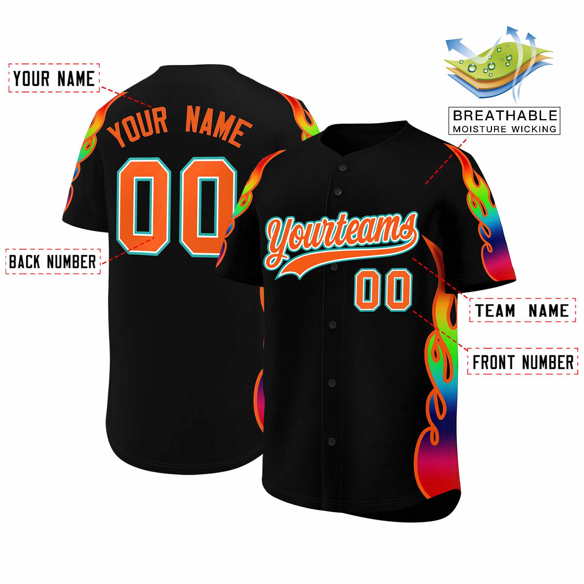 Custom Black Graffiti Pattern Personalized Multicolored Flames Print Authentic Baseball Jersey| KXKSHOP