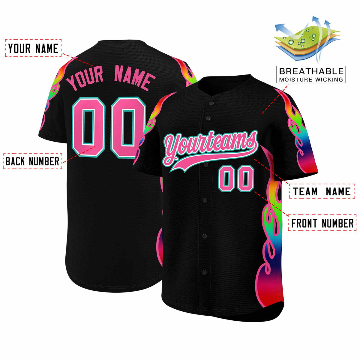 Custom Black Graffiti Pattern Personalized Multicolored Flames Print Authentic Baseball Jersey| KXKSHOP
