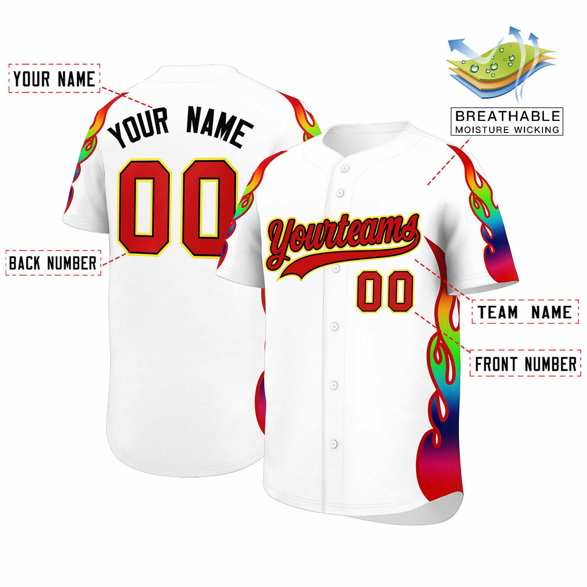Custom White Graffiti Pattern Personalized Multicolored Flames Print Authentic Baseball Jersey| KXKSHOP