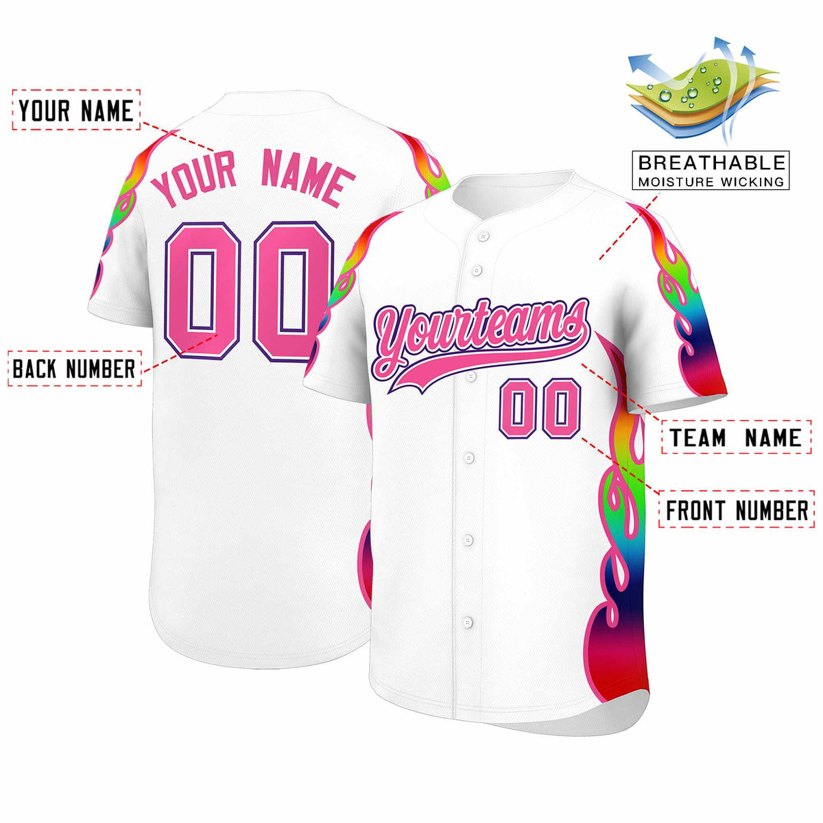 Custom White Graffiti Pattern Personalized Multicolored Flames Print Authentic Baseball Jersey| KXKSHOP