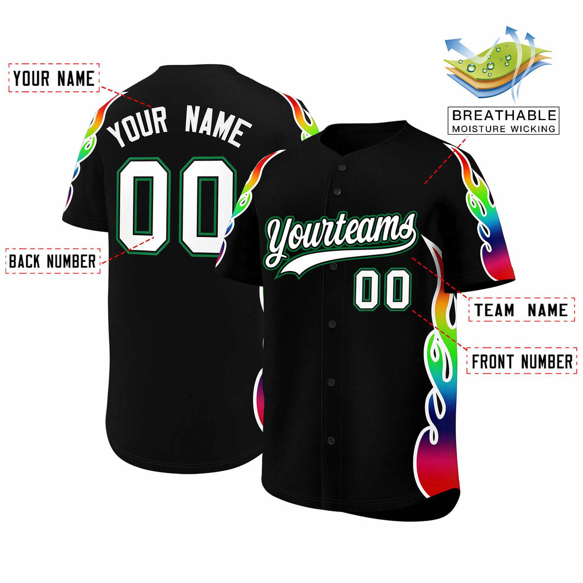 Custom Black Graffiti Pattern Personalized Multicolored Flames Print Authentic Baseball Jersey| KXKSHOP