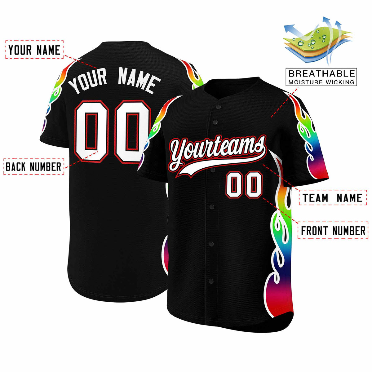 Custom Black Graffiti Pattern Personalized Multicolored Flames Print Authentic Baseball Jersey| KXKSHOP