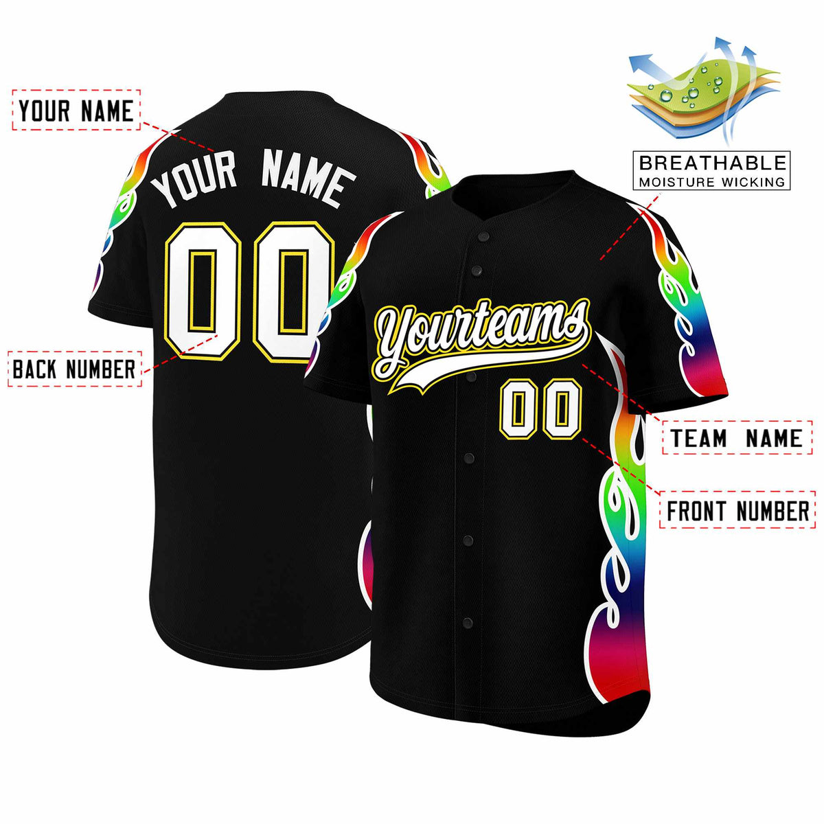 Custom Black Graffiti Pattern Personalized Multicolored Flames Print Authentic Baseball Jersey| KXKSHOP