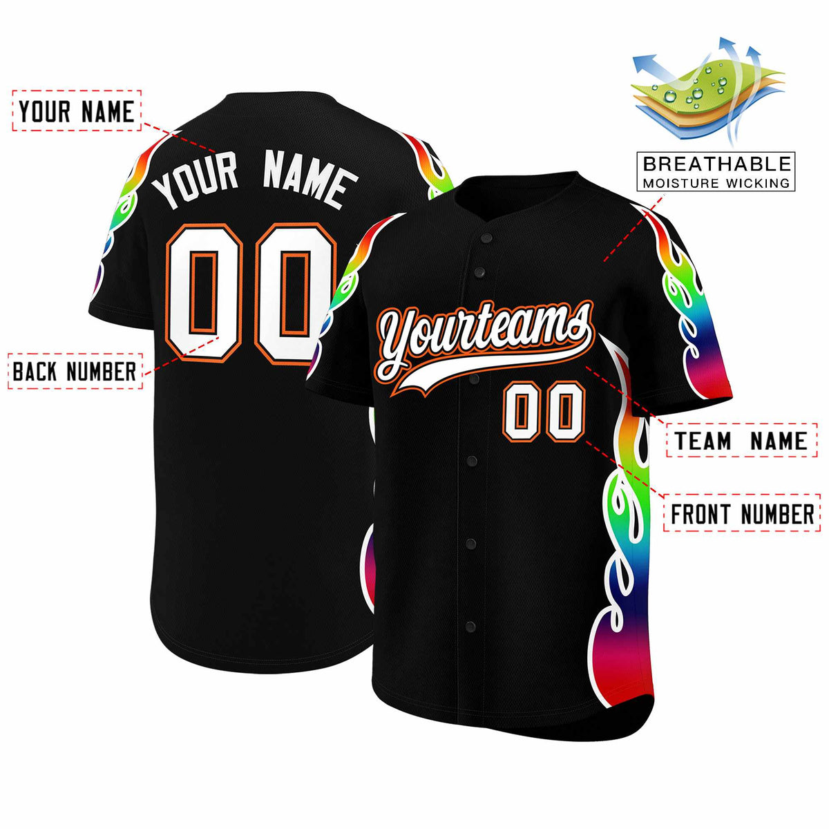 Custom Black Graffiti Pattern Personalized Multicolored Flames Print Authentic Baseball Jersey| KXKSHOP