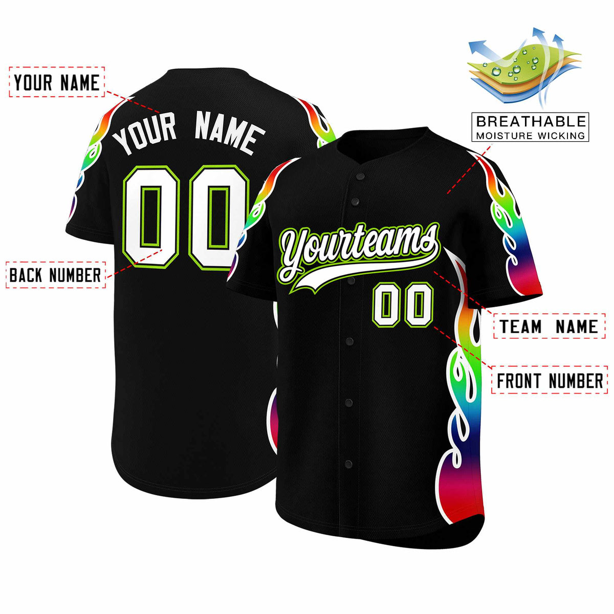 Custom Black Graffiti Pattern Personalized Multicolored Flames Print Authentic Baseball Jersey| KXKSHOP