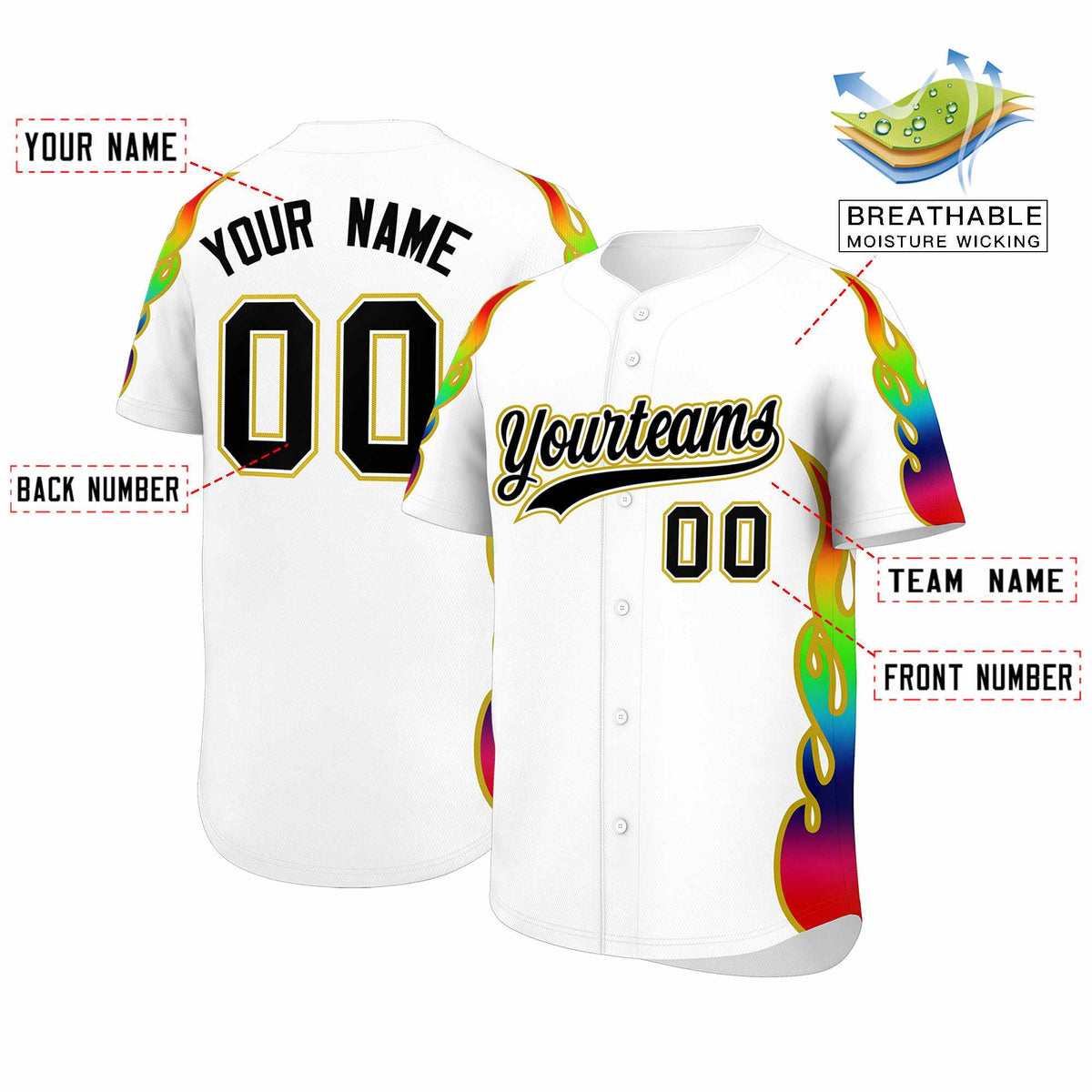 Custom White Graffiti Pattern Personalized Multicolored Flames Print Authentic Baseball Jersey| KXKSHOP