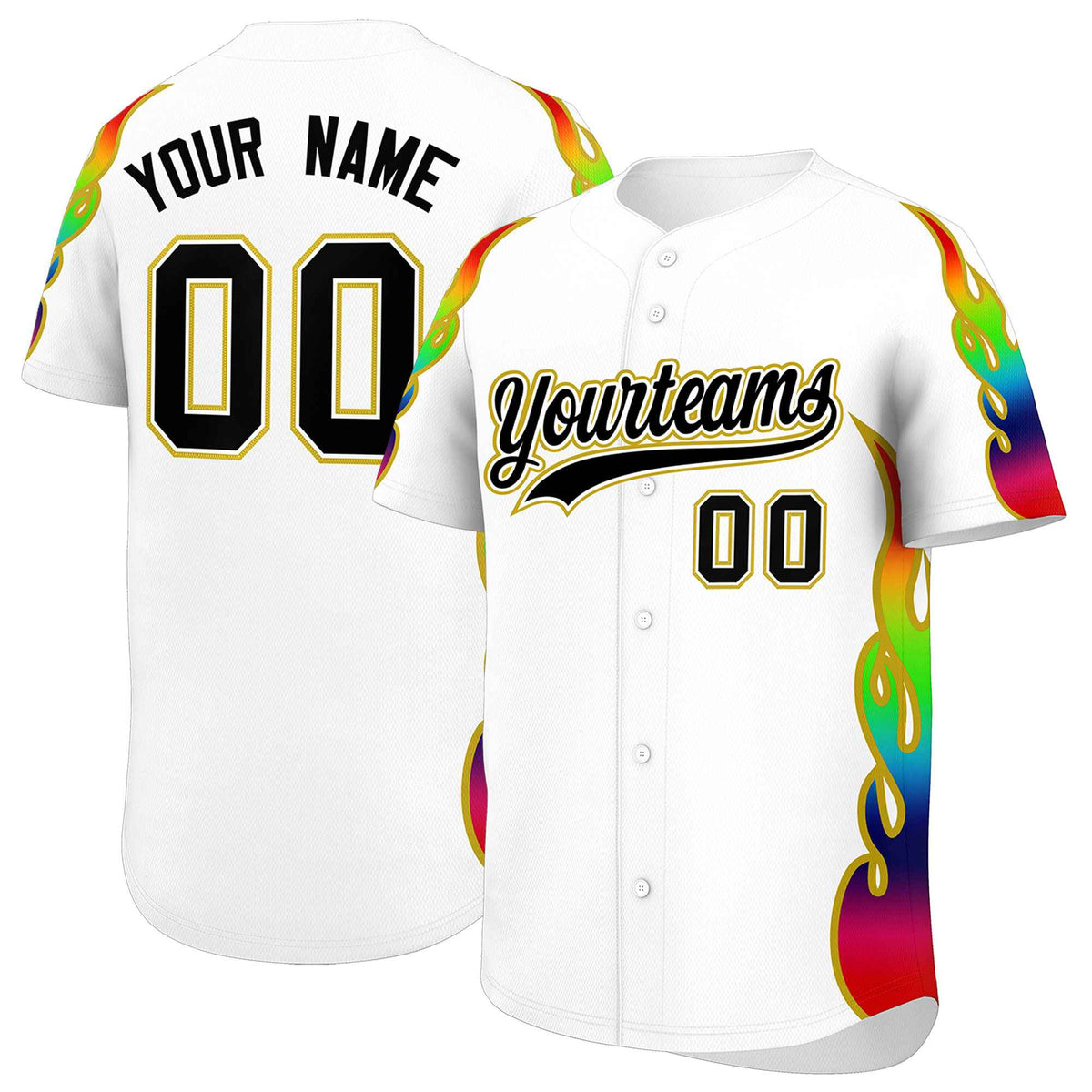 Custom White Graffiti Pattern Personalized Multicolored Flames Print Authentic Baseball Jersey| KXKSHOP