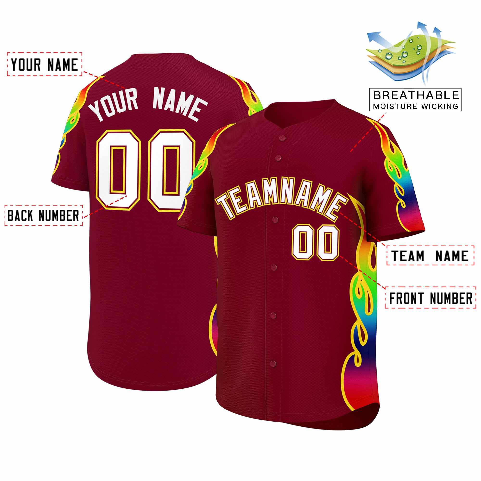 Custom Crimson Graffiti Pattern Personalized Multicolored Flames Print Authentic Baseball Jersey| KXKSHOP