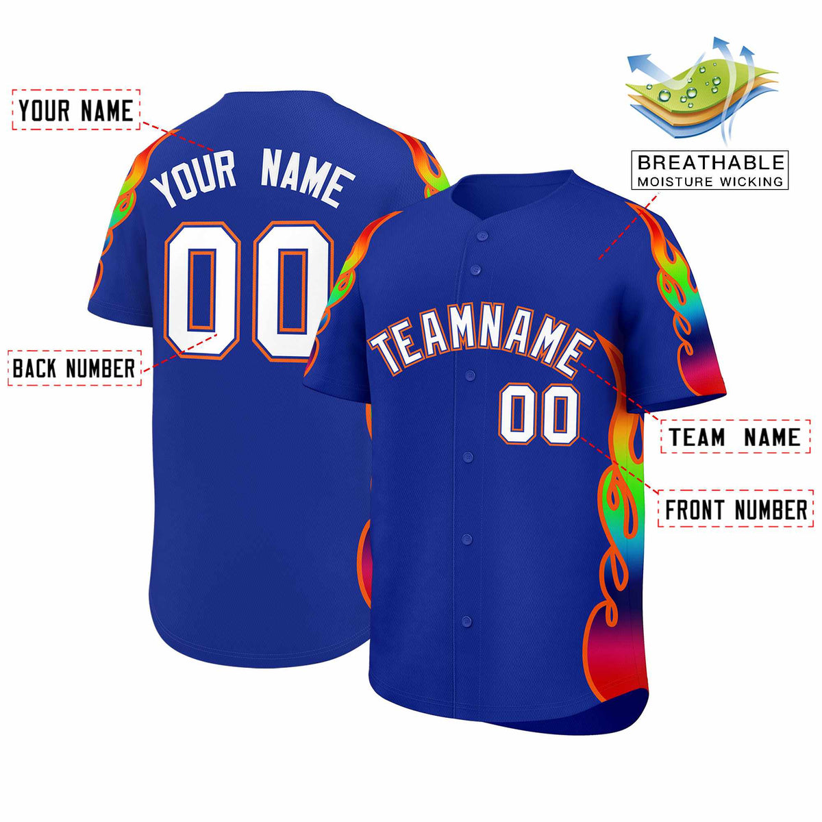 Custom Royal Graffiti Pattern Personalized Multicolored Flames Print Authentic Baseball Jersey| KXKSHOP