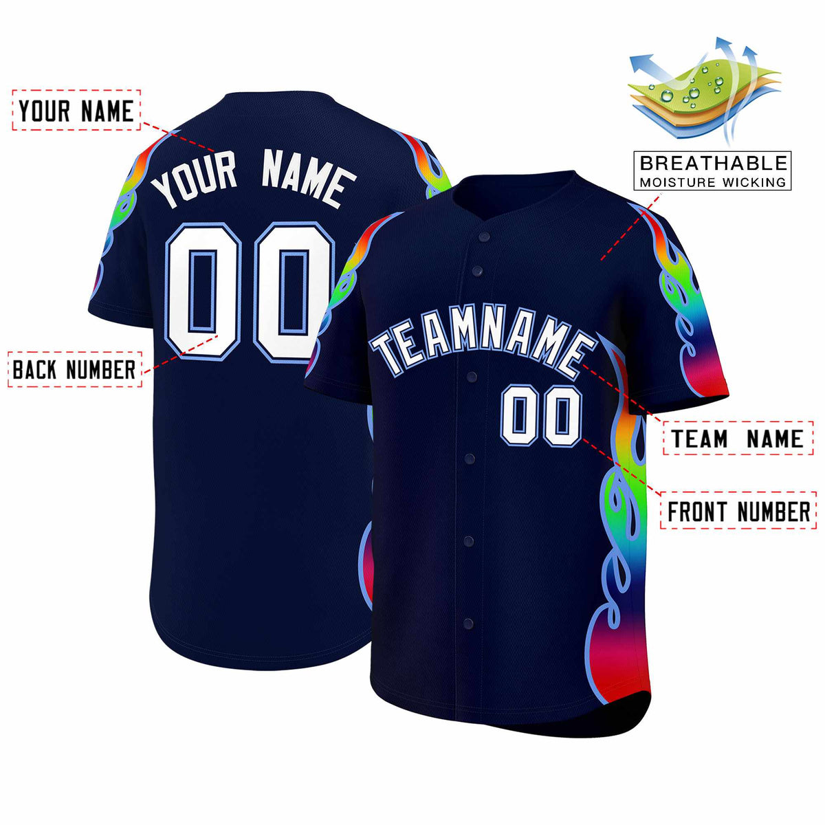Custom Navy Graffiti Pattern Personalized Multicolored Flames Print Authentic Baseball Jersey| KXKSHOP