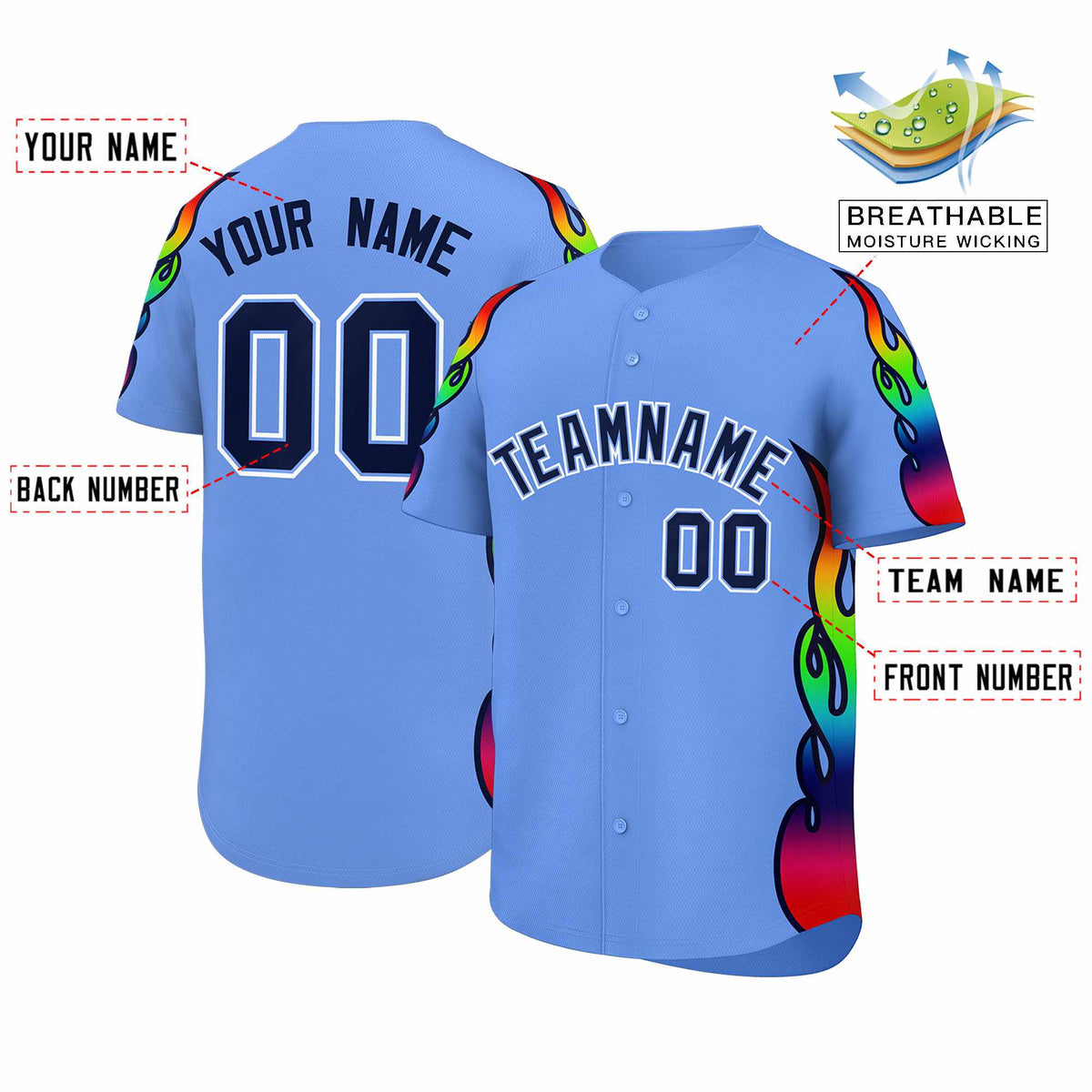Custom Light Blue Graffiti Pattern Personalized Multicolored Flames Print Authentic Baseball Jersey| KXKSHOP
