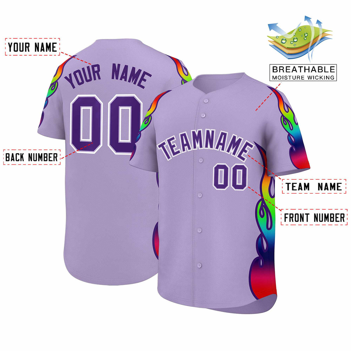 Custom Light Purple Graffiti Pattern Personalized Multicolored Flames Print Authentic Baseball Jersey| KXKSHOP