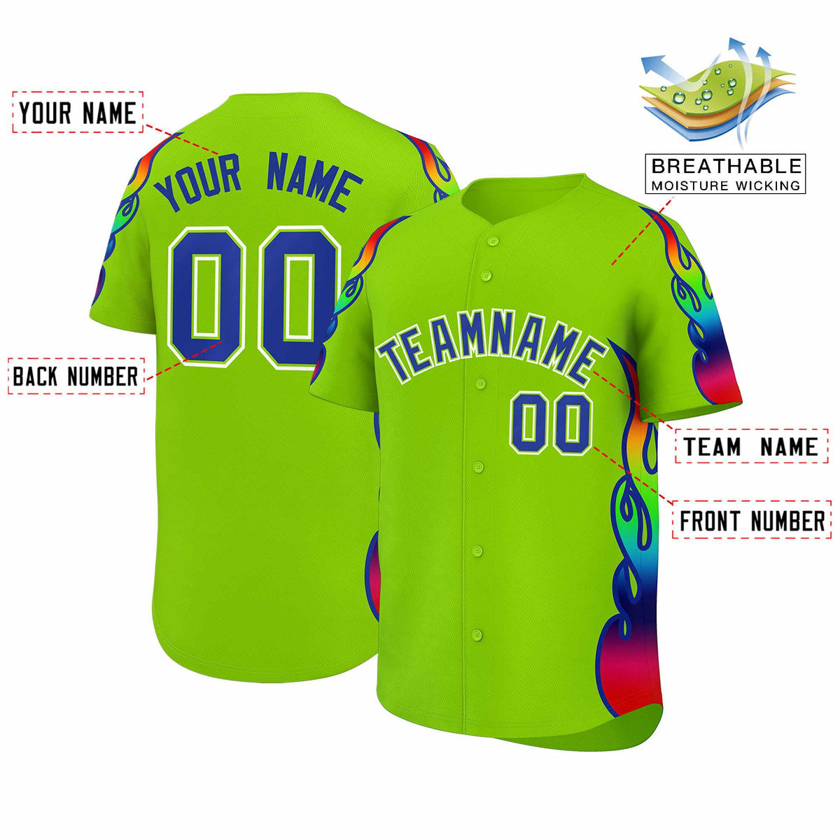 Custom Neon Green Graffiti Pattern Personalized Multicolored Flames Print Authentic Baseball Jersey| KXKSHOP