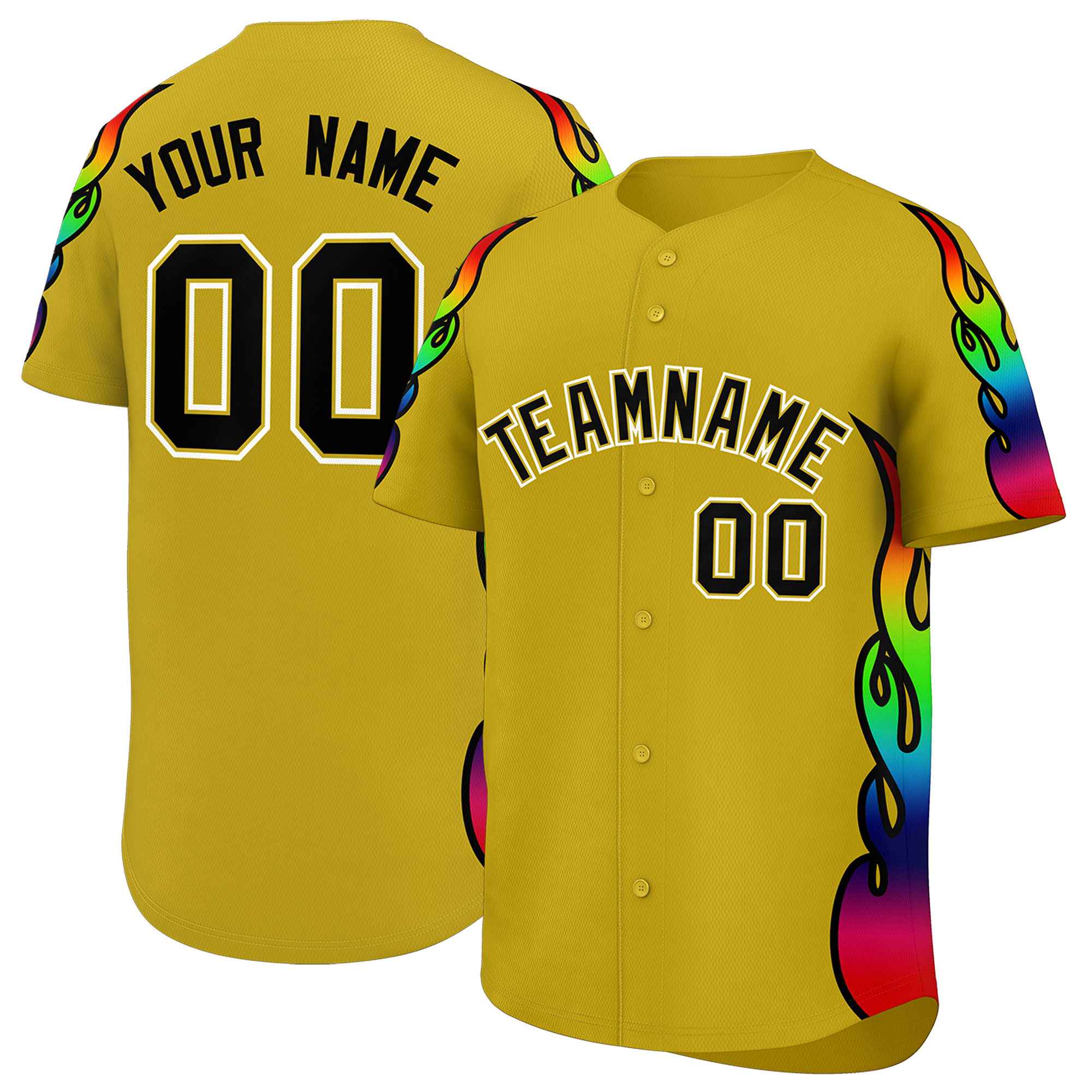 Custom Old Gold Graffiti Pattern Personalized Multicolored Flames Print Authentic Baseball Jersey| KXKSHOP