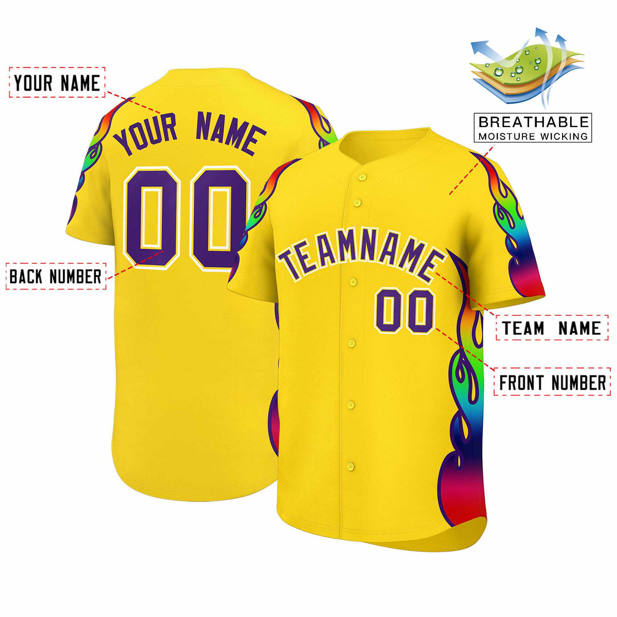 Custom Gold Graffiti Pattern Personalized Multicolored Flames Print Authentic Baseball Jersey| KXKSHOP