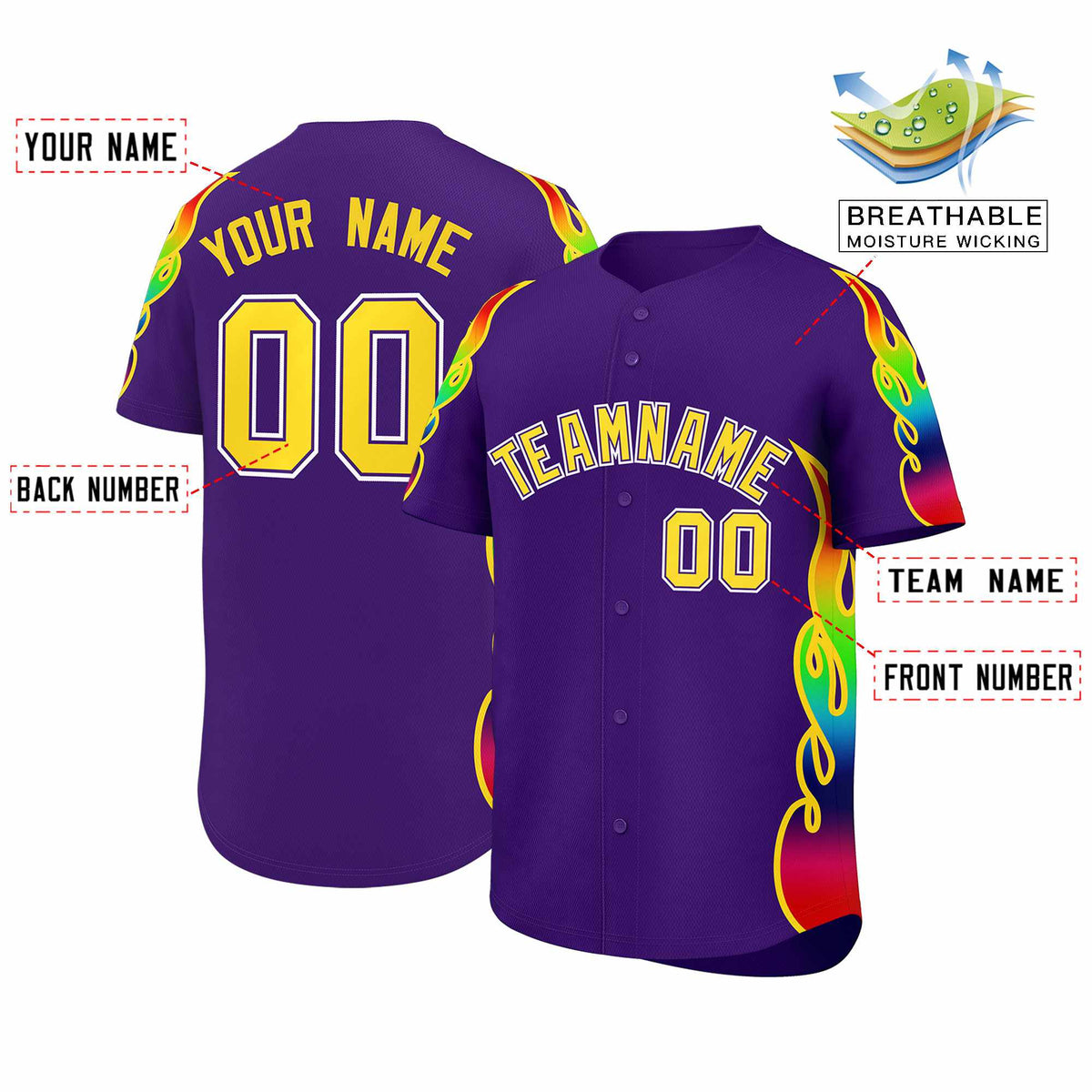 Custom Purple Graffiti Pattern Personalized Multicolored Flames Print Authentic Baseball Jersey| KXKSHOP