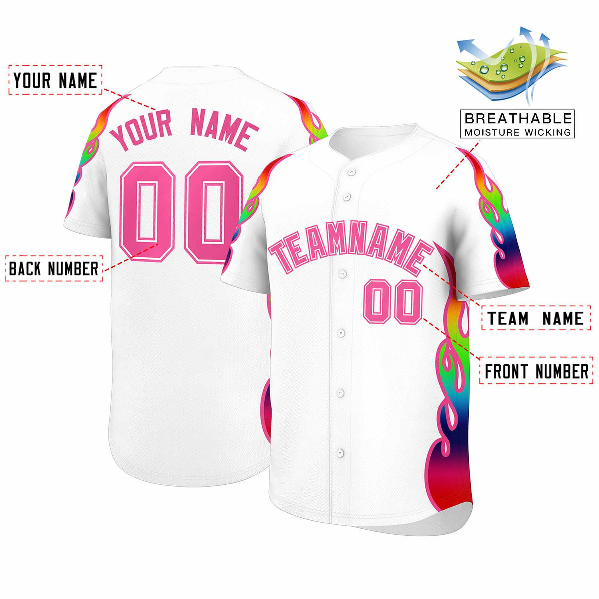 Custom White Graffiti Pattern Personalized Multicolored Flames Print Authentic Baseball Jersey| KXKSHOP