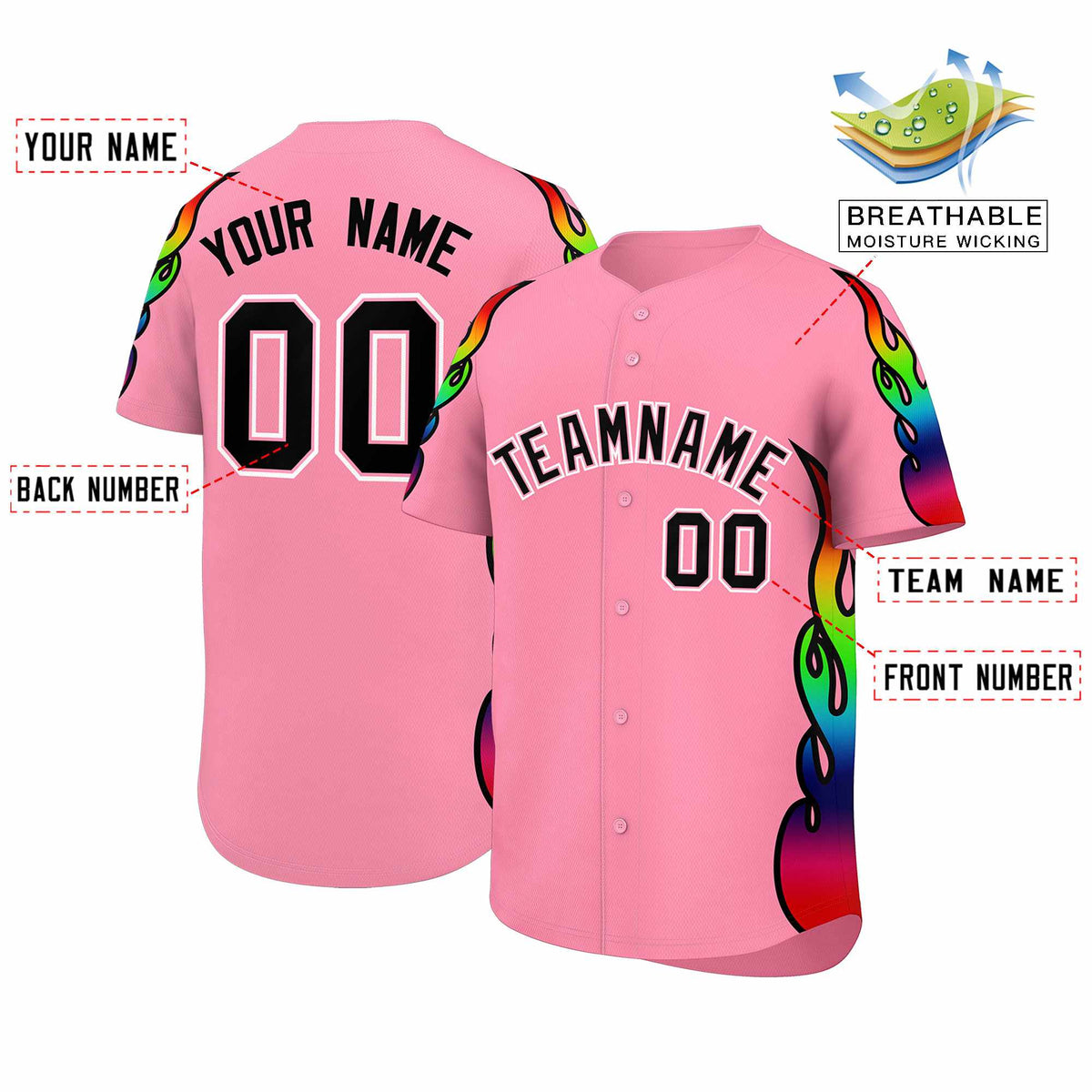 Custom Light Pink Graffiti Pattern Personalized Multicolored Flames Print Authentic Baseball Jersey| KXKSHOP