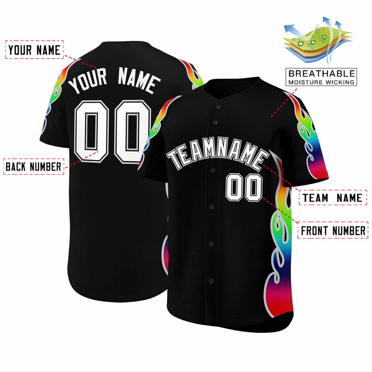 Custom Black Graffiti Pattern Personalized Multicolored Flames Print Authentic Baseball Jersey| KXKSHOP