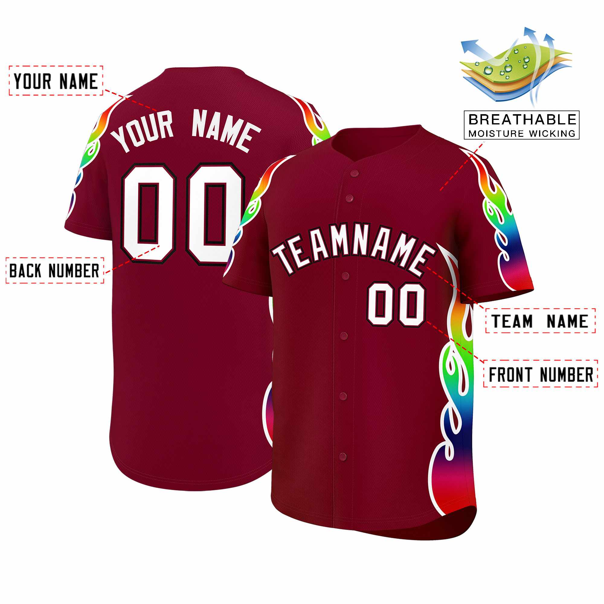 Custom Crimson Graffiti Pattern Personalized Multicolored Flames Print Authentic Baseball Jersey| KXKSHOP