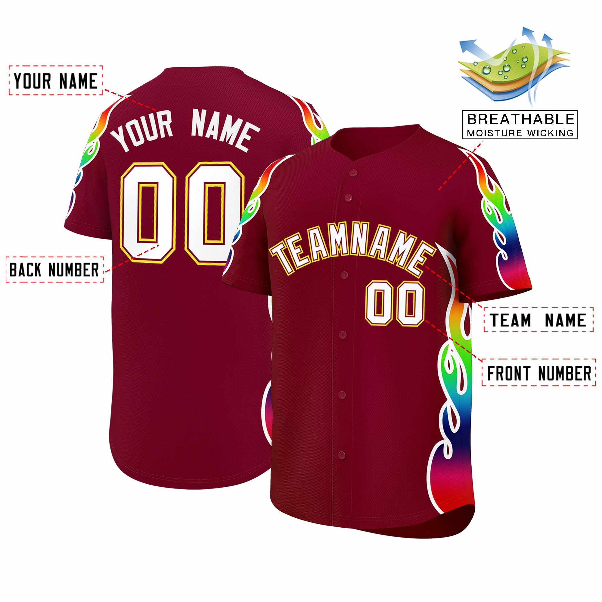 Custom Crimson Graffiti Pattern Personalized Multicolored Flames Print Authentic Baseball Jersey| KXKSHOP