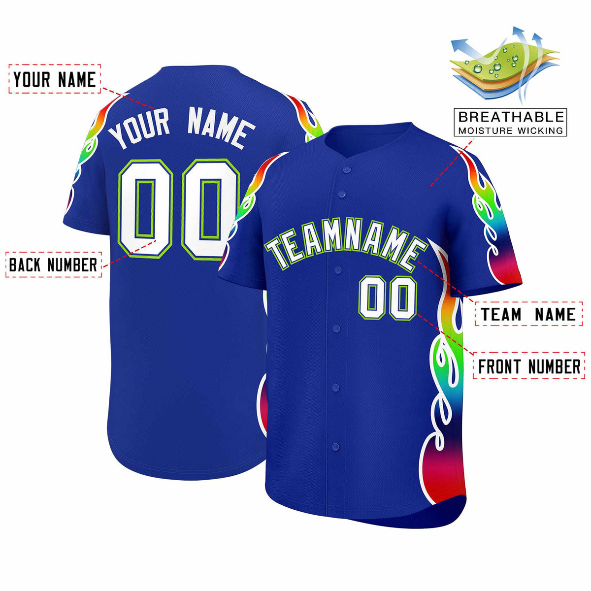 Custom Royal Graffiti Pattern Personalized Multicolored Flames Print Authentic Baseball Jersey| KXKSHOP