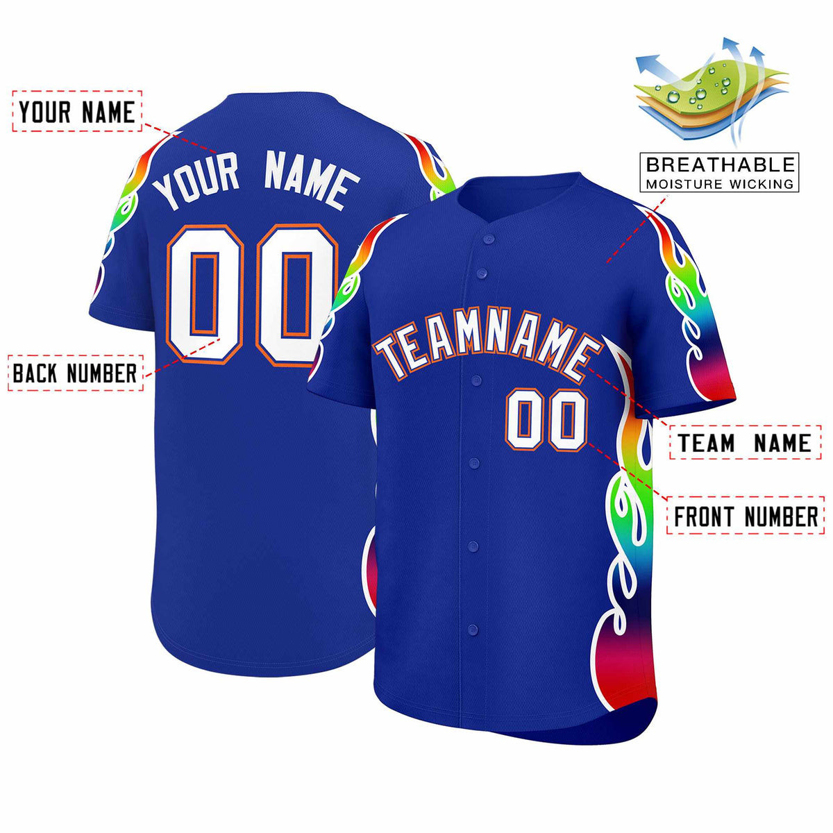 Custom Royal Graffiti Pattern Personalized Multicolored Flames Print Authentic Baseball Jersey| KXKSHOP