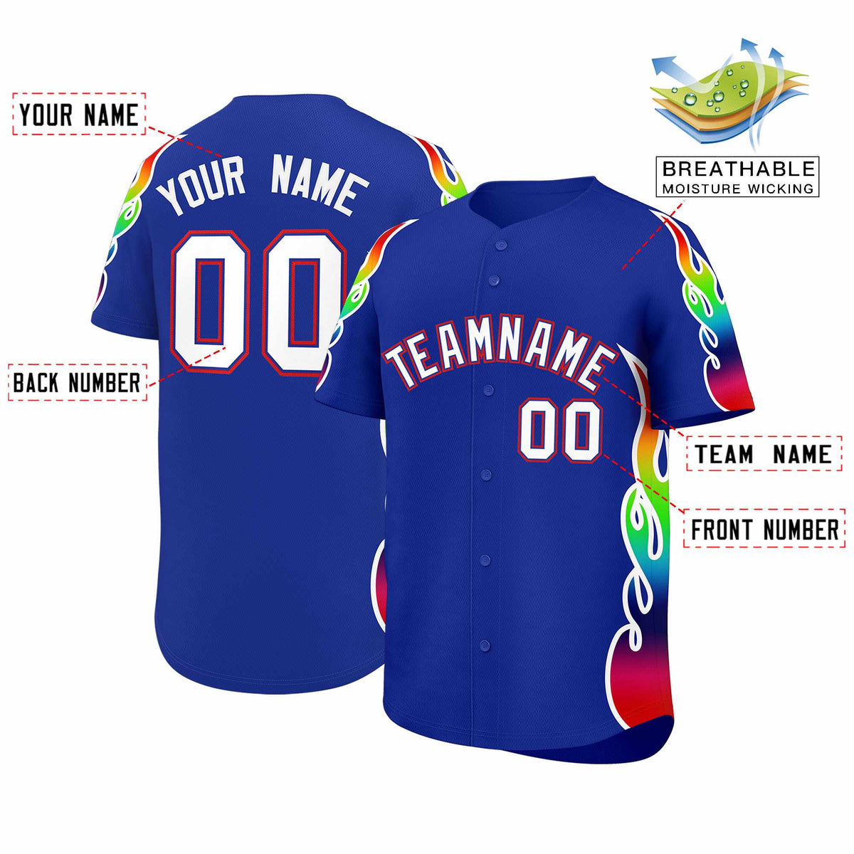 Custom Royal Graffiti Pattern Personalized Multicolored Flames Print Authentic Baseball Jersey| KXKSHOP