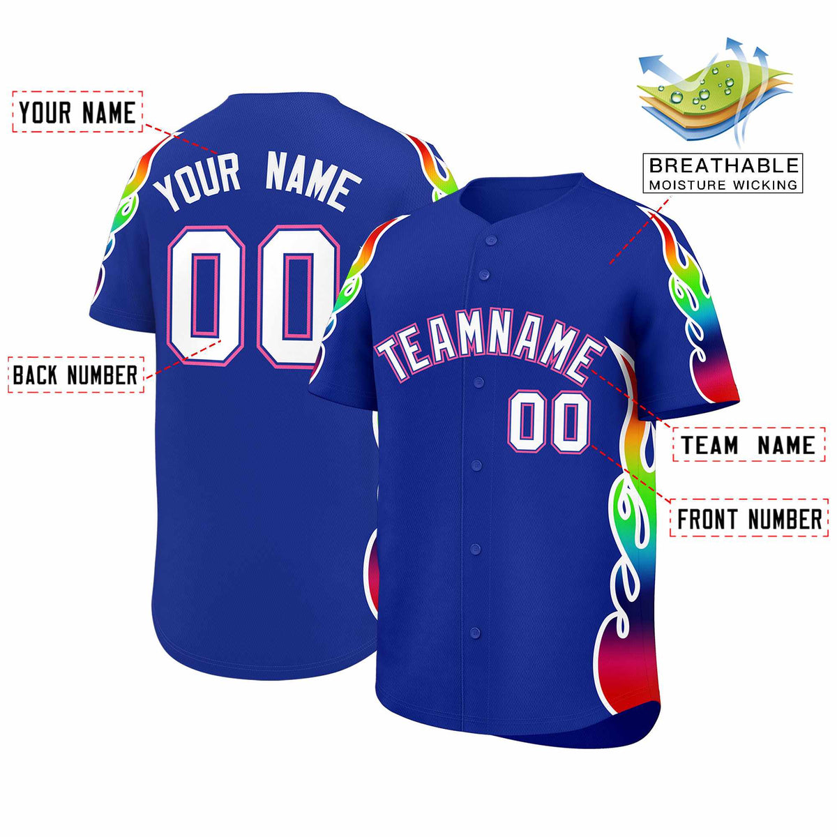 Custom Royal Graffiti Pattern Personalized Multicolored Flames Print Authentic Baseball Jersey| KXKSHOP