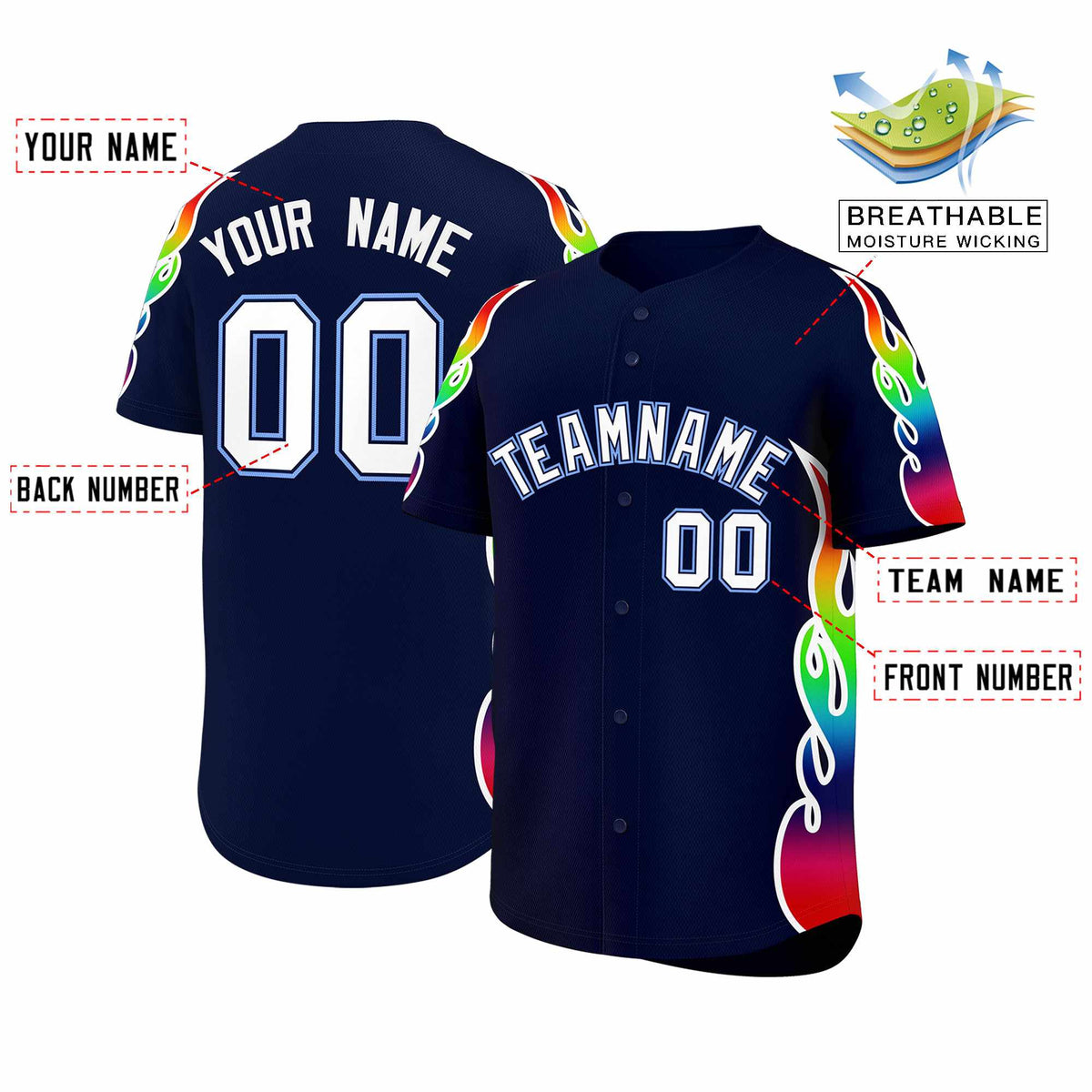 Custom Navy Graffiti Pattern Personalized Multicolored Flames Print Authentic Baseball Jersey| KXKSHOP