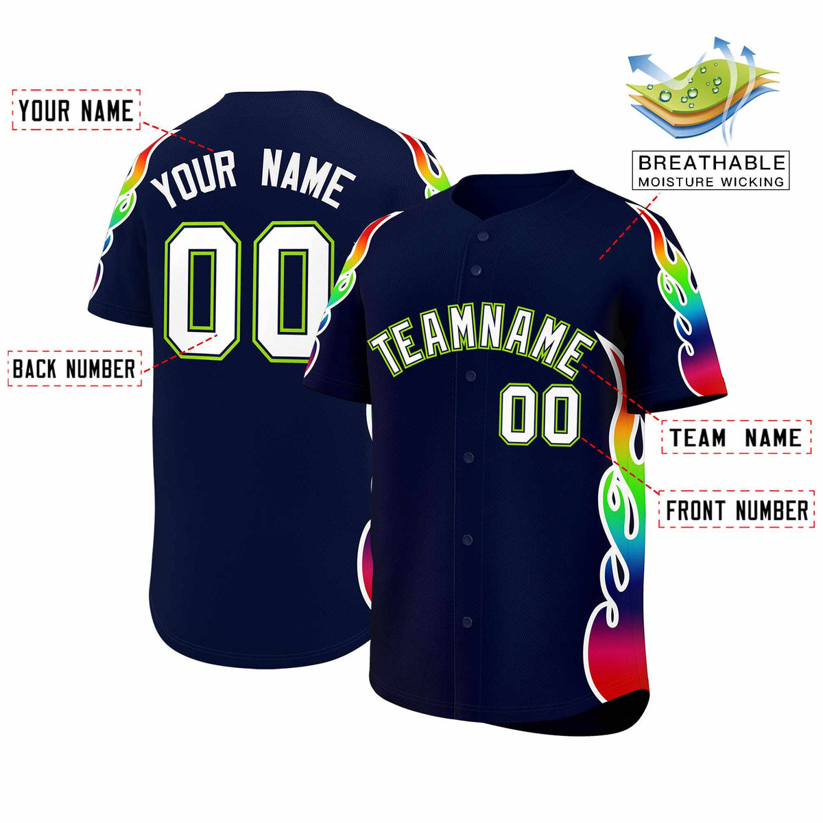 Custom Navy Graffiti Pattern Personalized Multicolored Flames Print Authentic Baseball Jersey| KXKSHOP