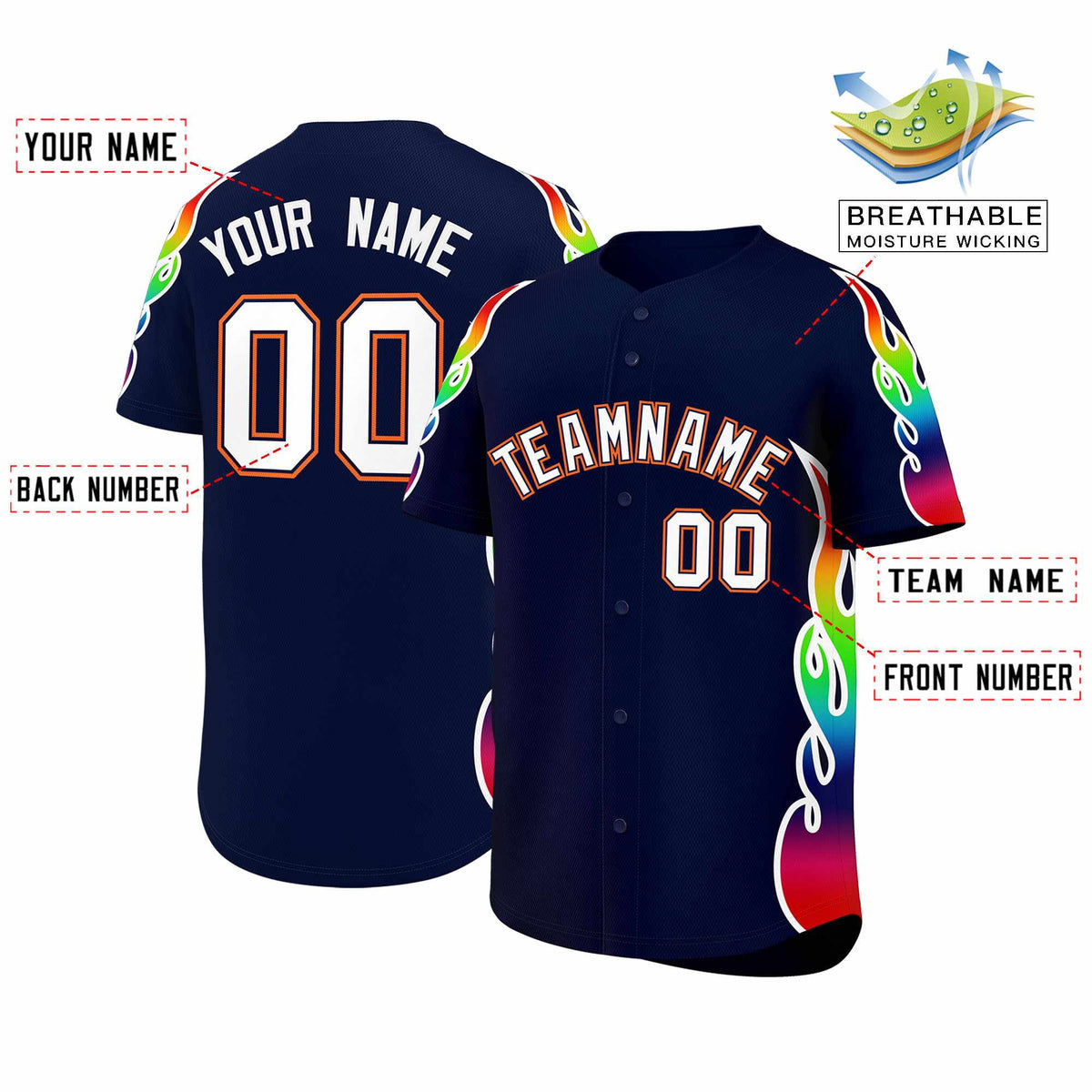 Custom Navy Graffiti Pattern Personalized Multicolored Flames Print Authentic Baseball Jersey| KXKSHOP