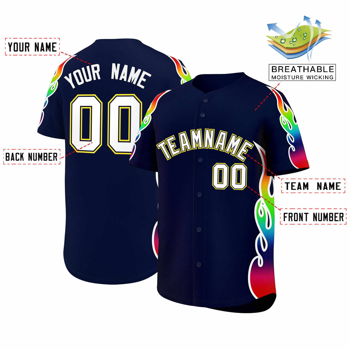 Custom Navy Graffiti Pattern Personalized Multicolored Flames Print Authentic Baseball Jersey| KXKSHOP