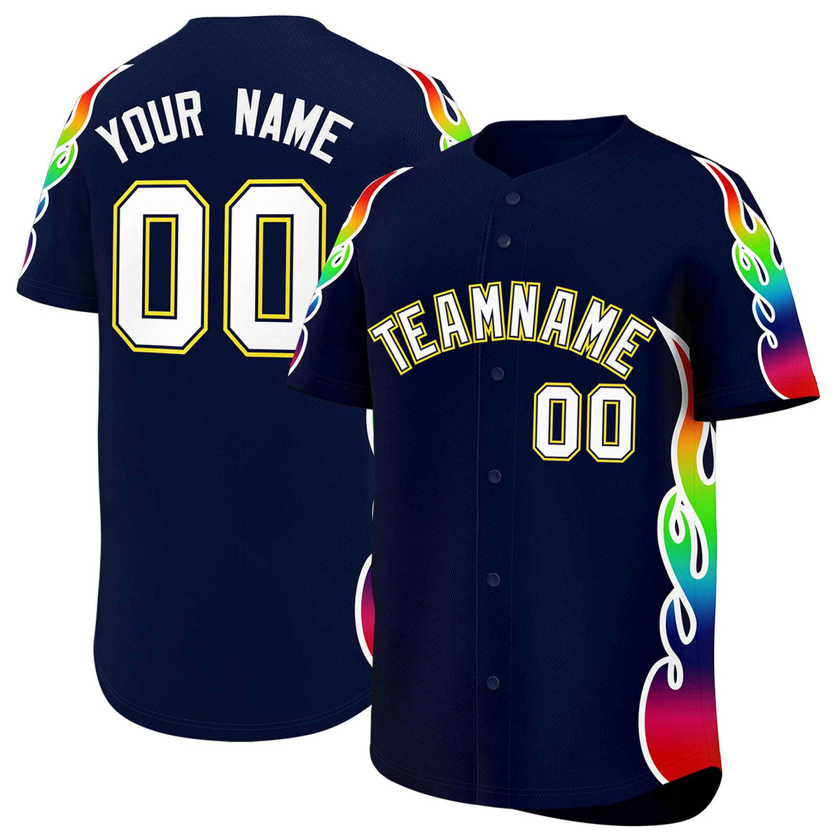 Custom Navy Graffiti Pattern Personalized Multicolored Flames Print Authentic Baseball Jersey| KXKSHOP
