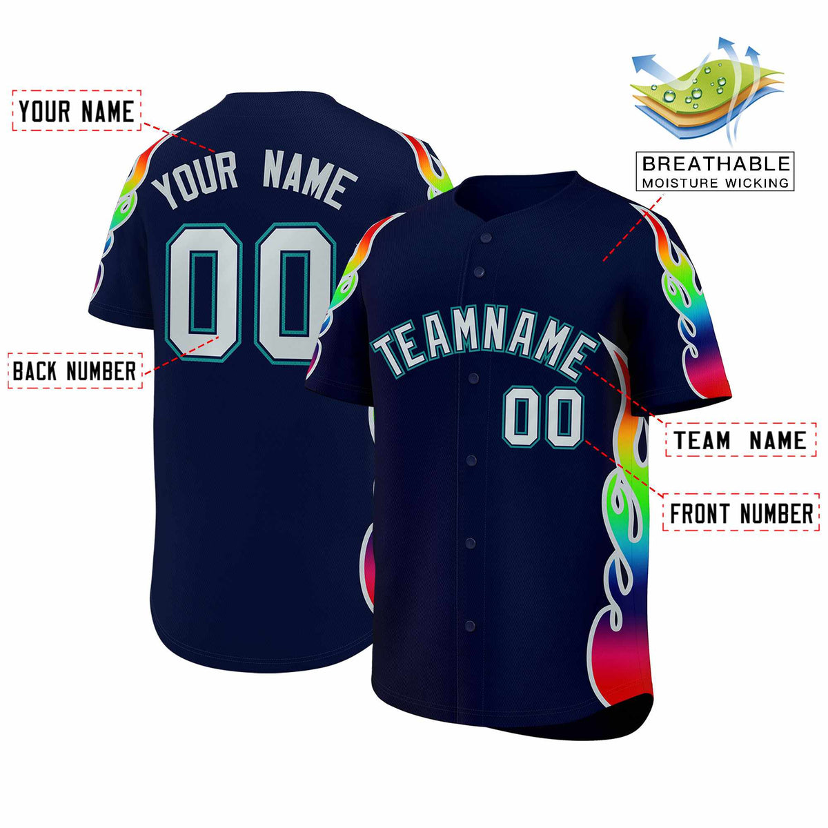 Custom Navy Graffiti Pattern Personalized Multicolored Flames Print Authentic Baseball Jersey| KXKSHOP