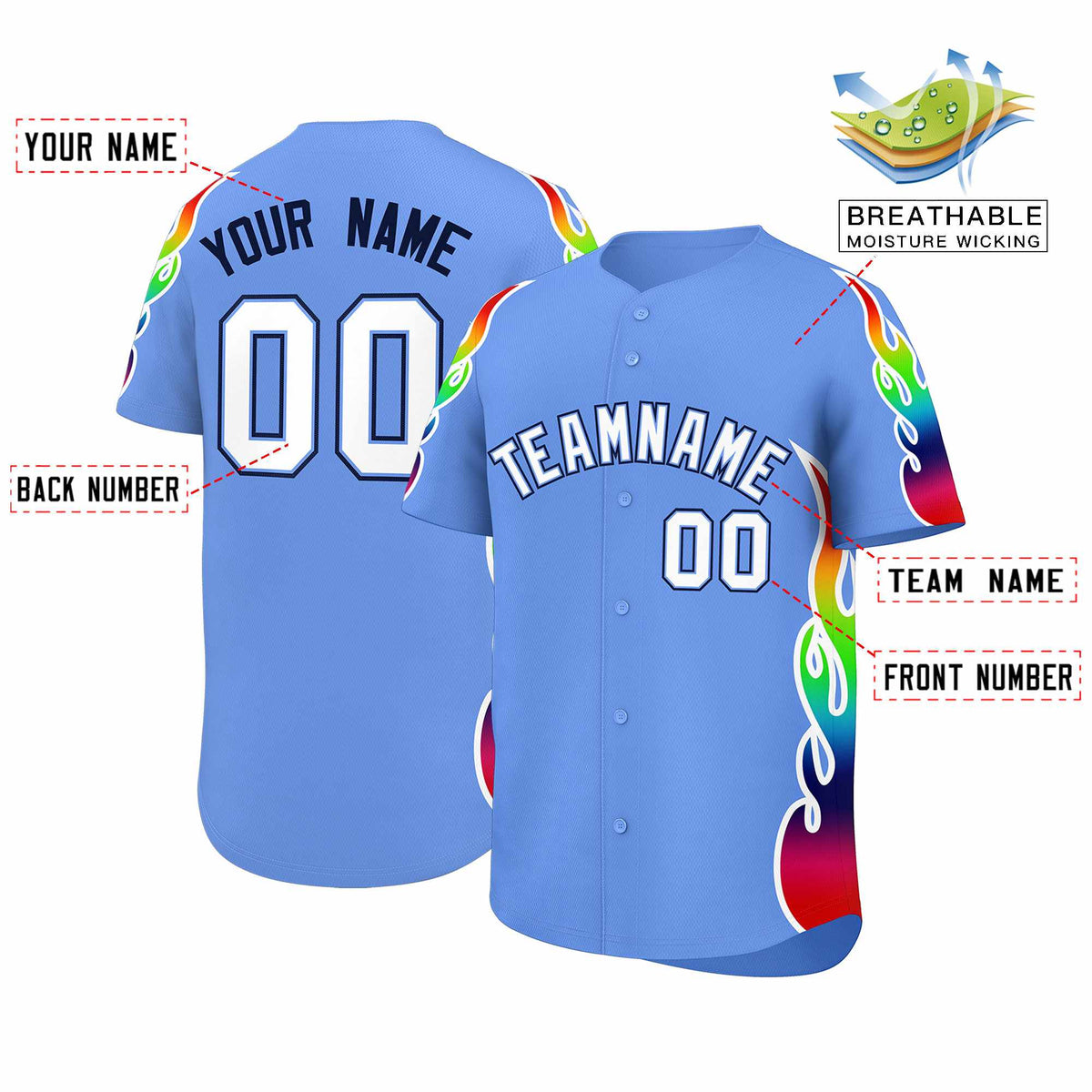 Custom Light Blue Graffiti Pattern Personalized Multicolored Flames Print Authentic Baseball Jersey| KXKSHOP