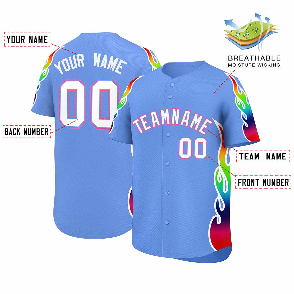 Custom Light Blue Graffiti Pattern Personalized Multicolored Flames Print Authentic Baseball Jersey| KXKSHOP