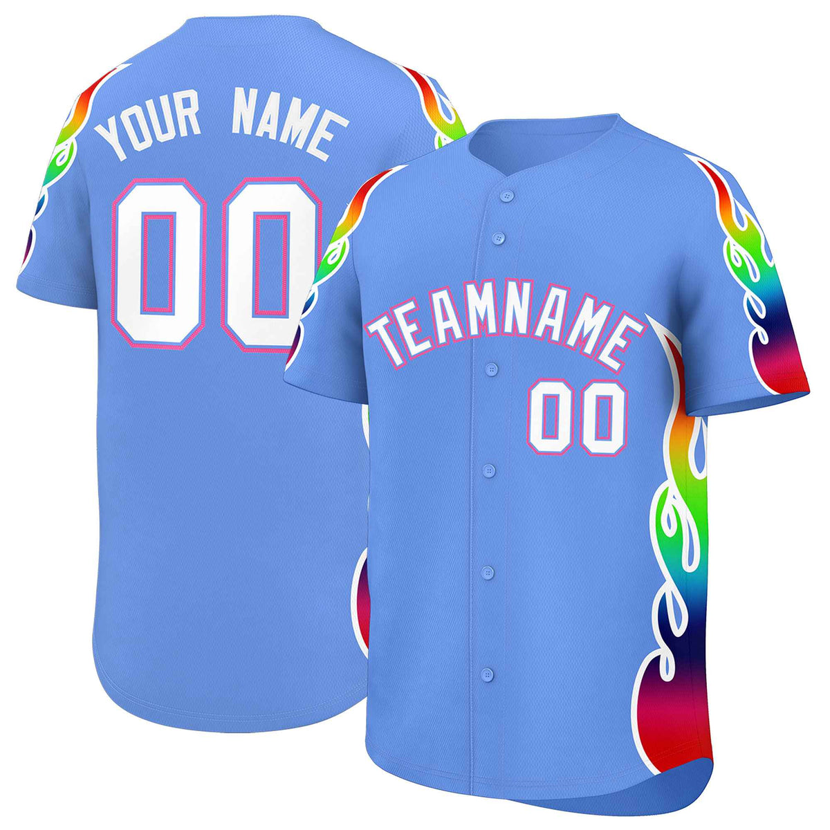 Custom Light Blue Graffiti Pattern Personalized Multicolored Flames Print Authentic Baseball Jersey| KXKSHOP
