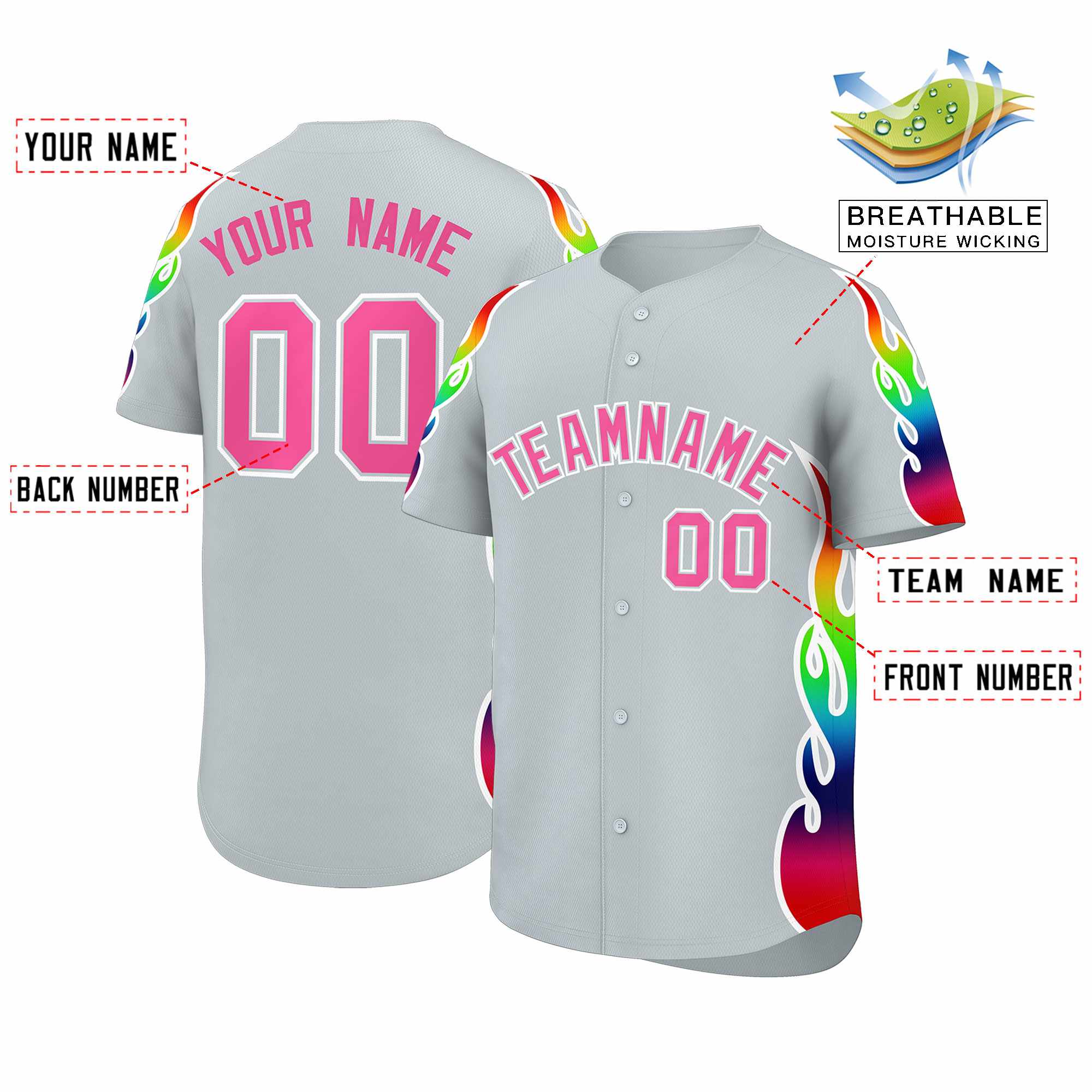 Custom Silver Graffiti Pattern Personalized Multicolored Flames Print Authentic Baseball Jersey| KXKSHOP
