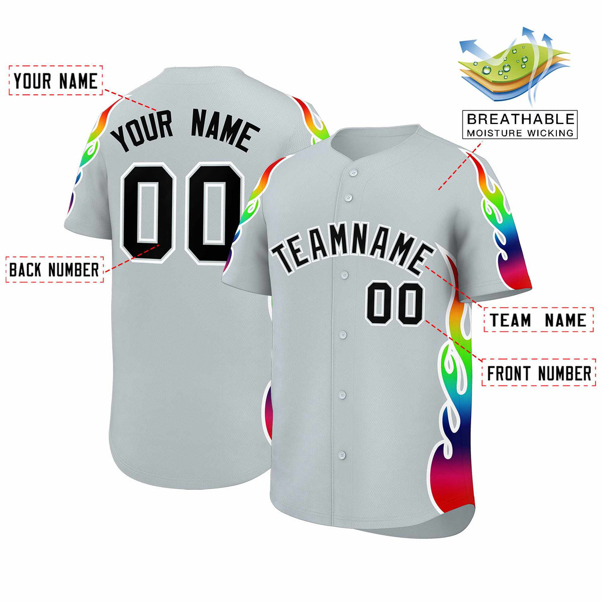 Custom Silver Graffiti Pattern Personalized Multicolored Flames Print Authentic Baseball Jersey| KXKSHOP