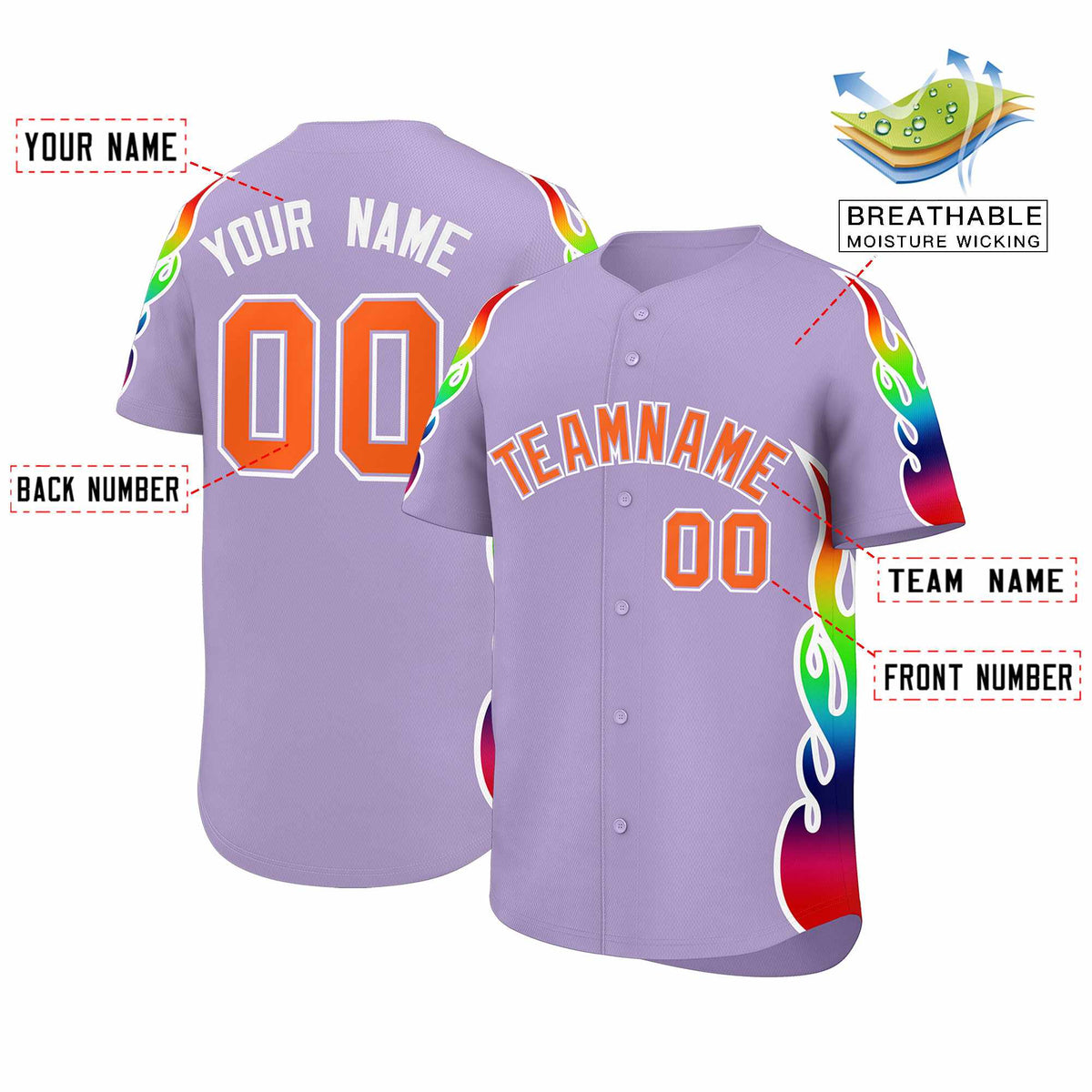 Custom Light Purple Graffiti Pattern Personalized Multicolored Flames Print Authentic Baseball Jersey| KXKSHOP