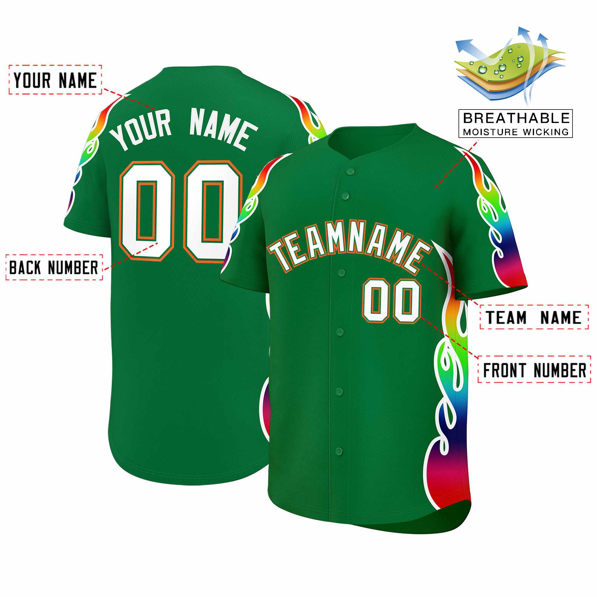 Custom Kelly Green Graffiti Pattern Personalized Multicolored Flames Print Authentic Baseball Jersey| KXKSHOP