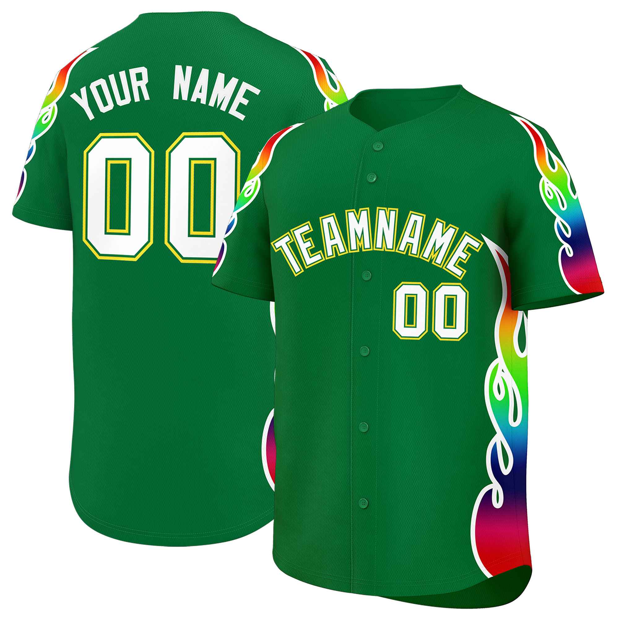Custom Kelly Green Graffiti Pattern Personalized Multicolored Flames Print Authentic Baseball Jersey| KXKSHOP