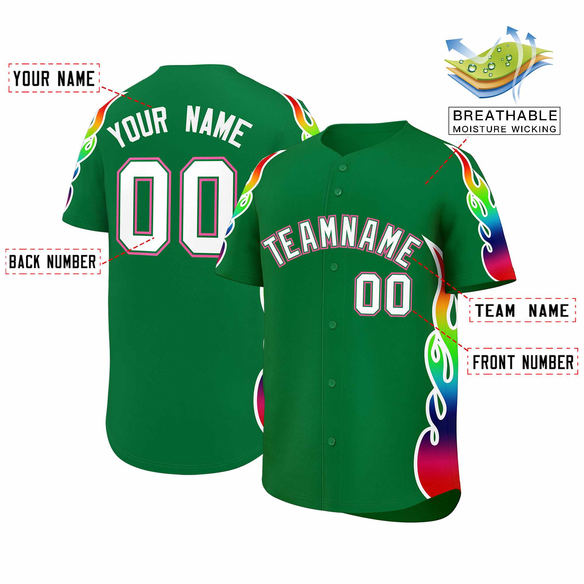 Custom Kelly Green Graffiti Pattern Personalized Multicolored Flames Print Authentic Baseball Jersey| KXKSHOP