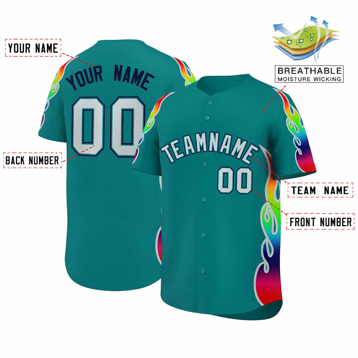 Custom Aqua Graffiti Pattern Personalized Multicolored Flames Print Authentic Baseball Jersey| KXKSHOP