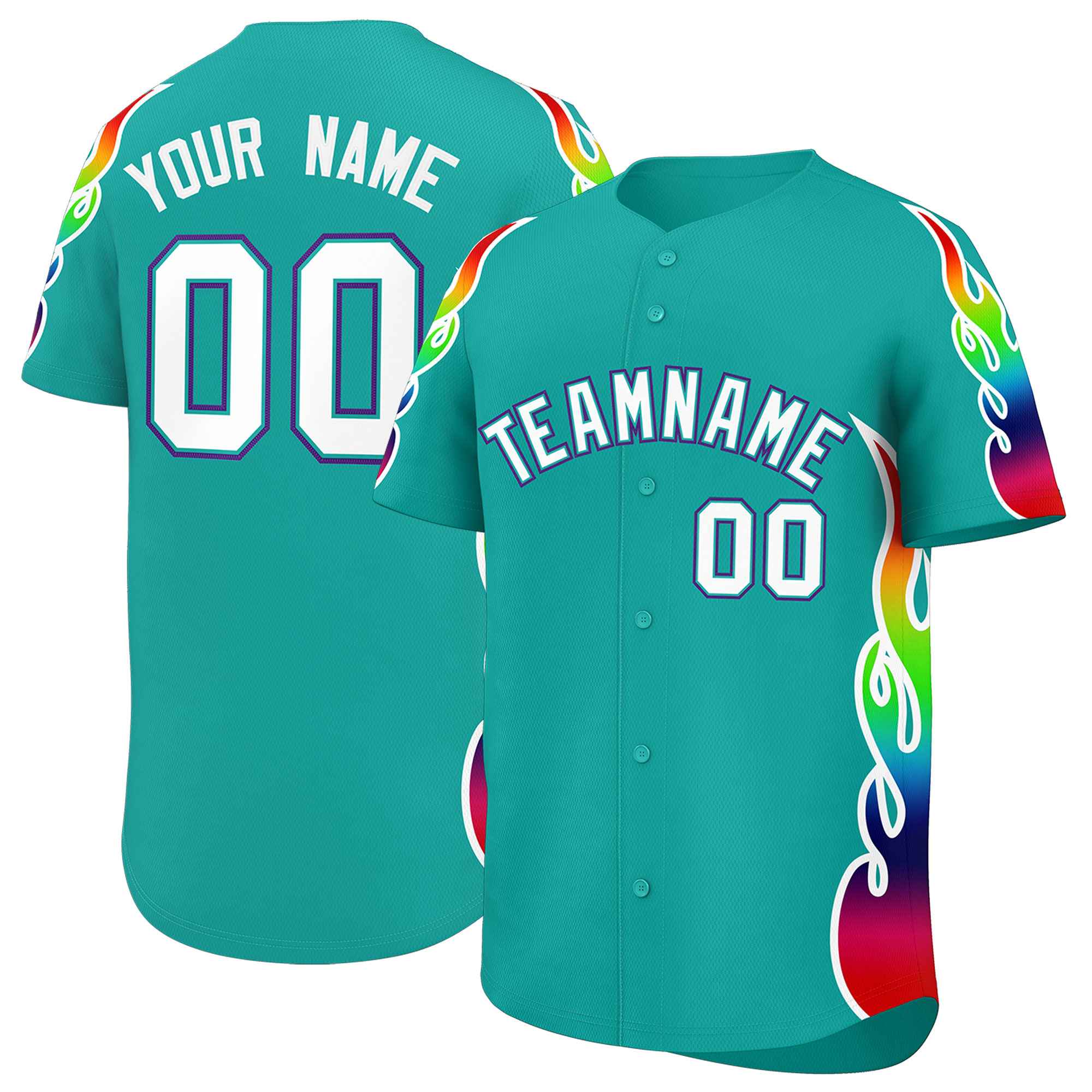 Custom Aqua Graffiti Pattern Personalized Multicolored Flames Print Authentic Baseball Jersey| KXKSHOP
