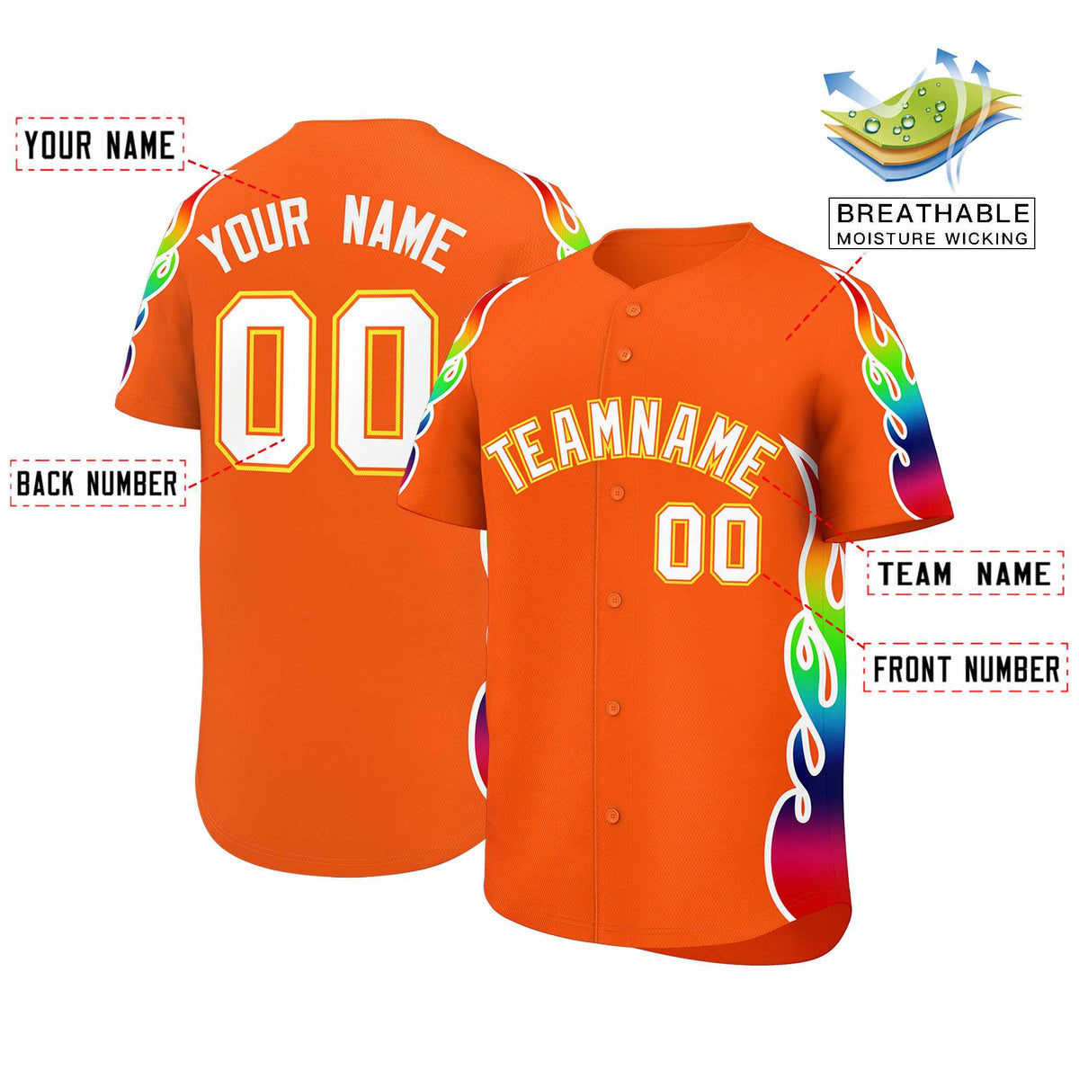 Custom Orange Graffiti Pattern Personalized Multicolored Flames Print Authentic Baseball Jersey| KXKSHOP