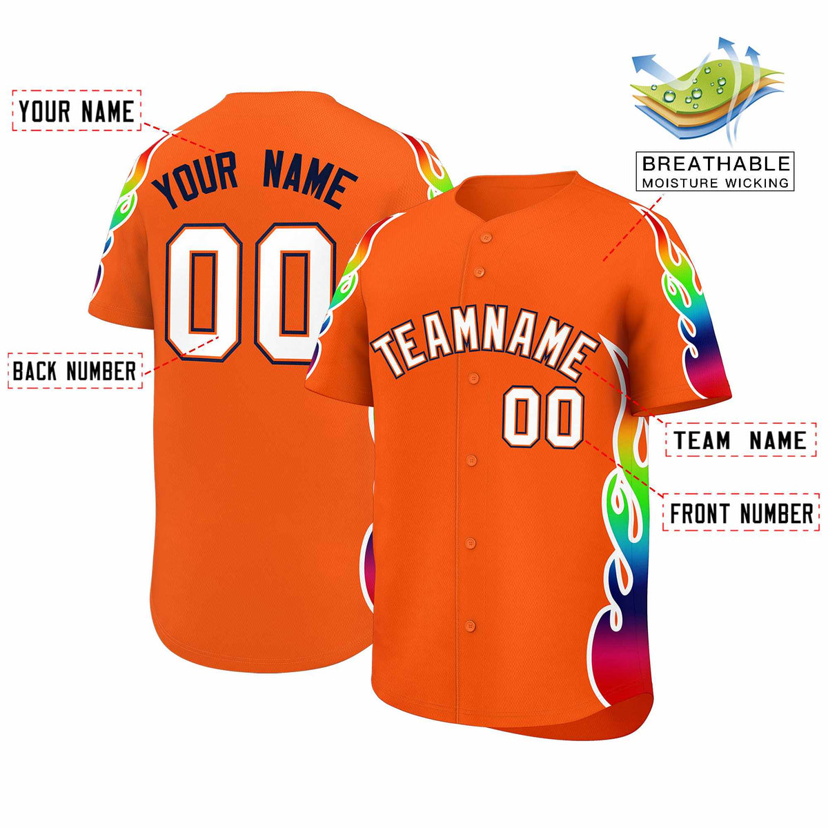 Custom Orange Graffiti Pattern Personalized Multicolored Flames Print Authentic Baseball Jersey| KXKSHOP