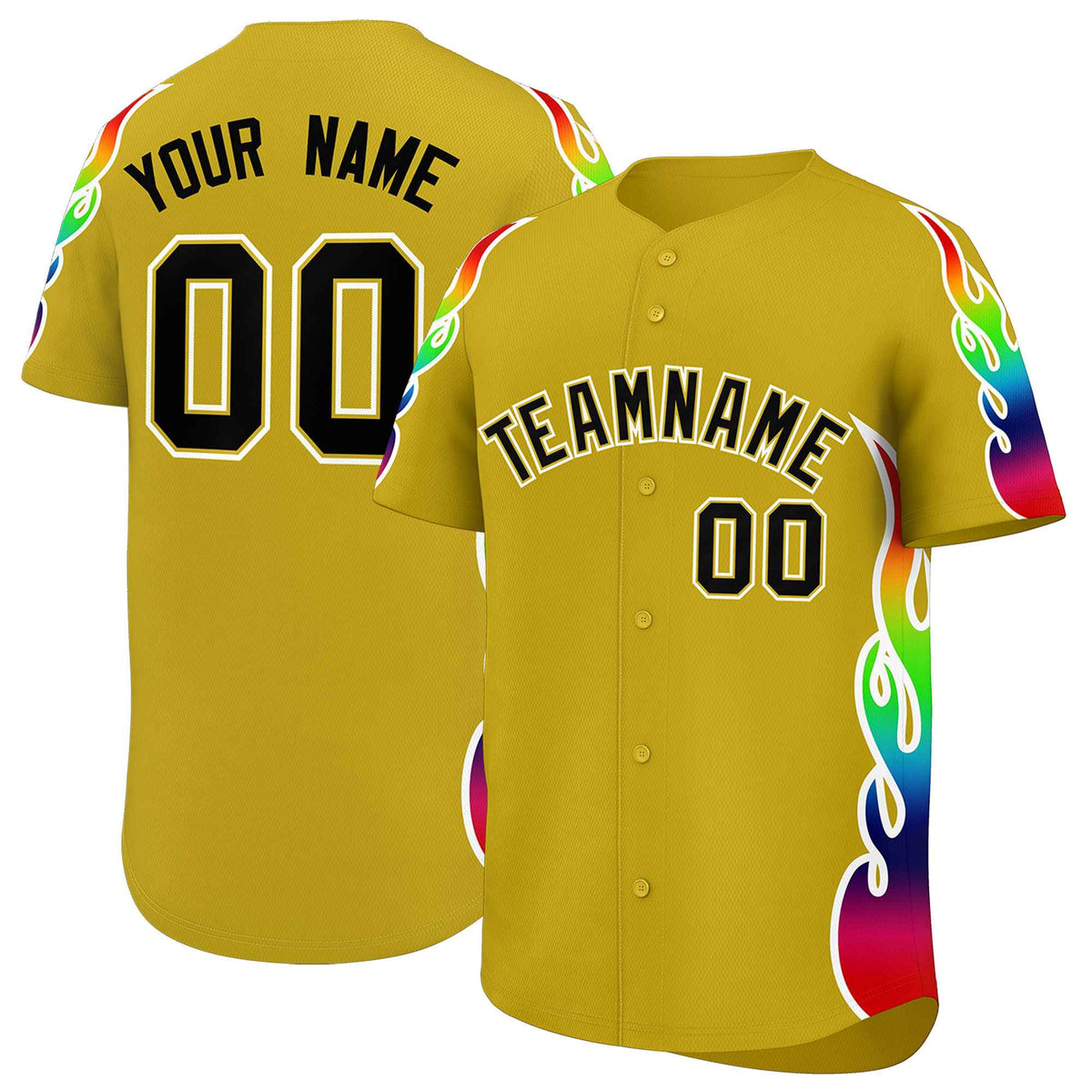 Custom Old Gold Graffiti Pattern Personalized Multicolored Flames Print Authentic Baseball Jersey| KXKSHOP