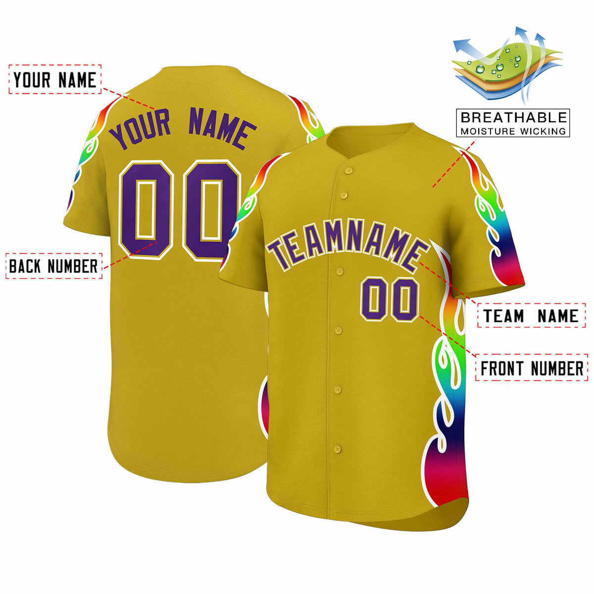 Custom Old Gold Graffiti Pattern Personalized Multicolored Flames Print Authentic Baseball Jersey| KXKSHOP